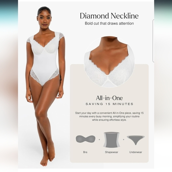 Popilush White Lace Cap Sleeve V Neck Shapewear Tummy Control Bodysuit Size XXL - Picture 3 of 11